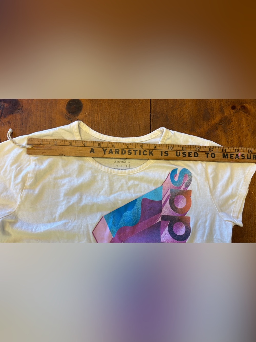 adidas White Crew Neck Tee with Gray Pink Purple Logo Print